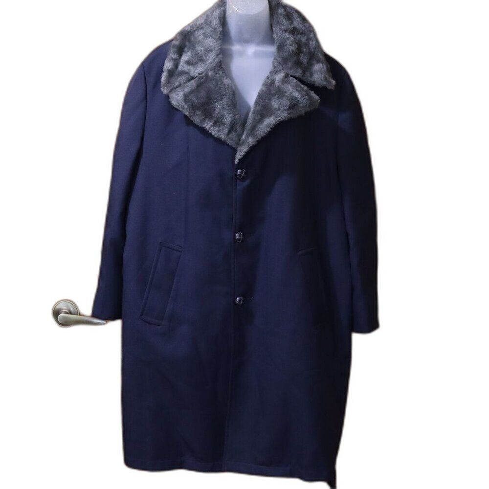 Weathercaster Vintage Navy Belted Coat Faux Fur Collar 60s 70s Warm Classic